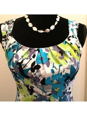 MAGGIE L lime green turquoise floral retro print fit & flare dress spring summer